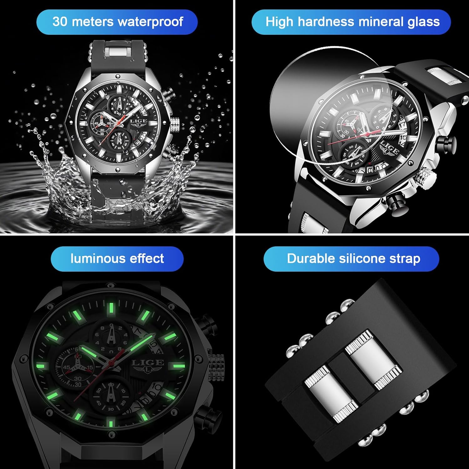 Four panel image showing watch features: waterproof, mineral glass, luminous effect, durable silicone strap