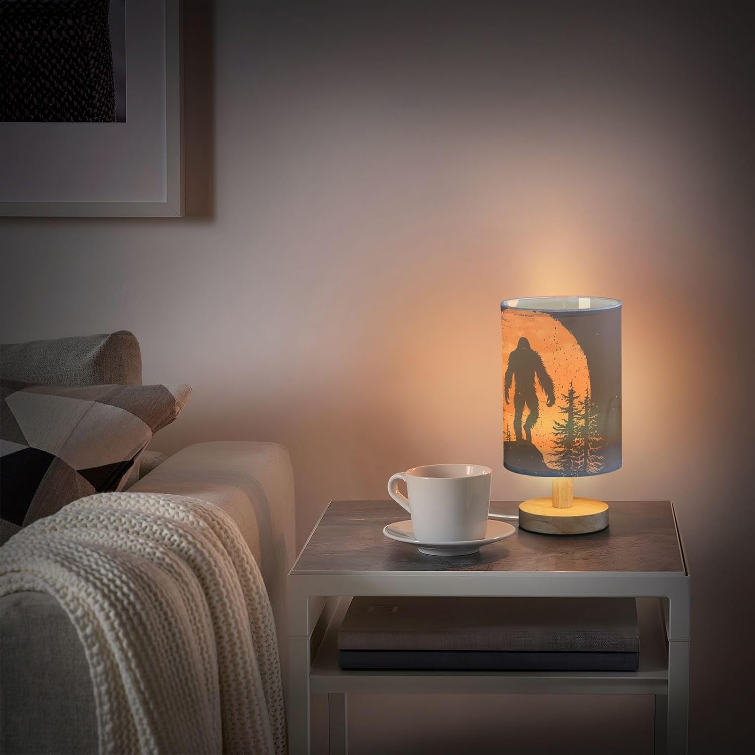 Decor Bedside Table Lamp Sasquatch Silhouette Forest with USB Port for Bedroom Nightstand Lamp with Round Flaxen Fabric Shade for Living Room, Dorm, Home Office LED Bulb Included