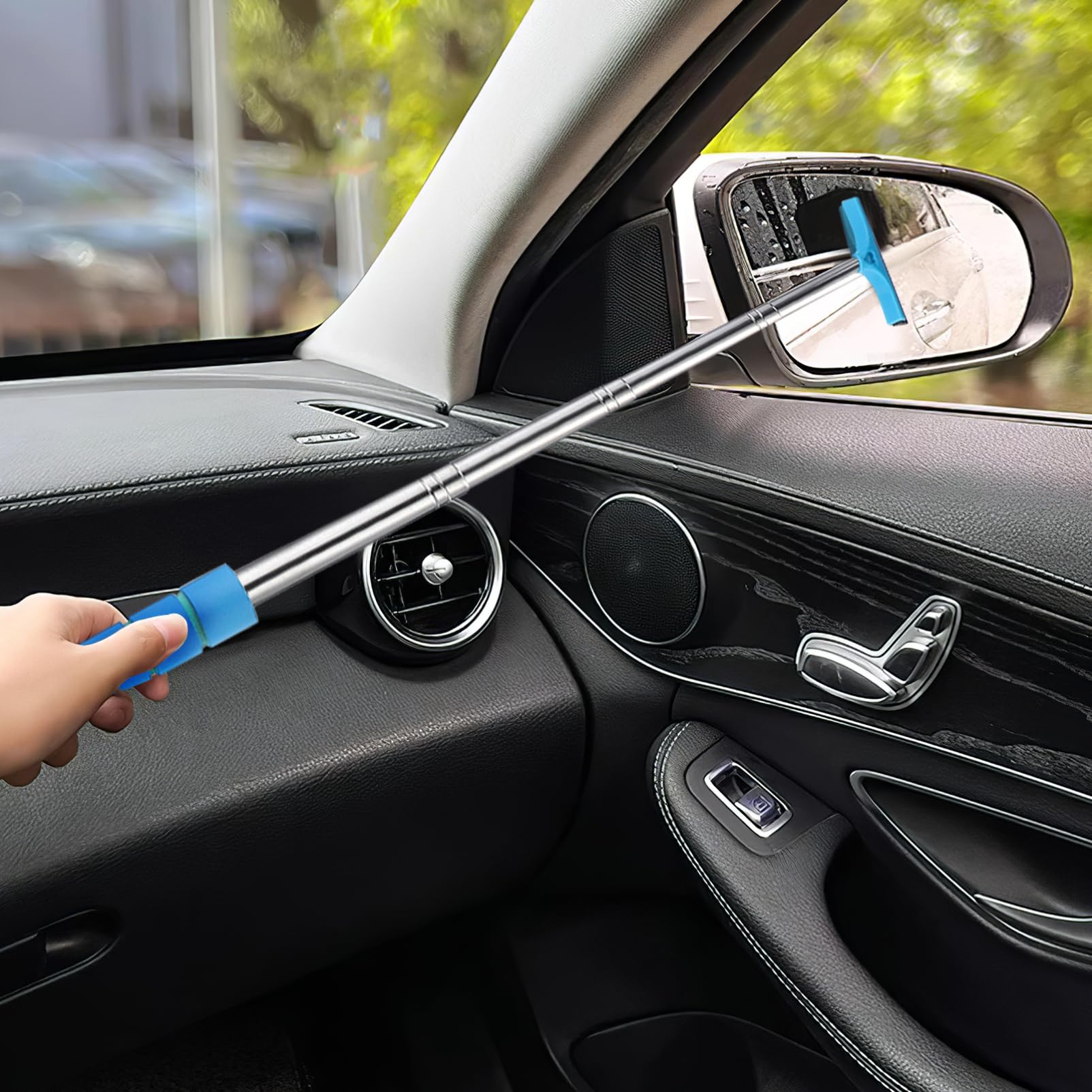 4 Stück Teleskopspiegelabzieher aus Edelstahl mit Gummi und Schwamm für Fenster und Seitenspiegel Verstellbare Länge für Auto und LKW Reinigung