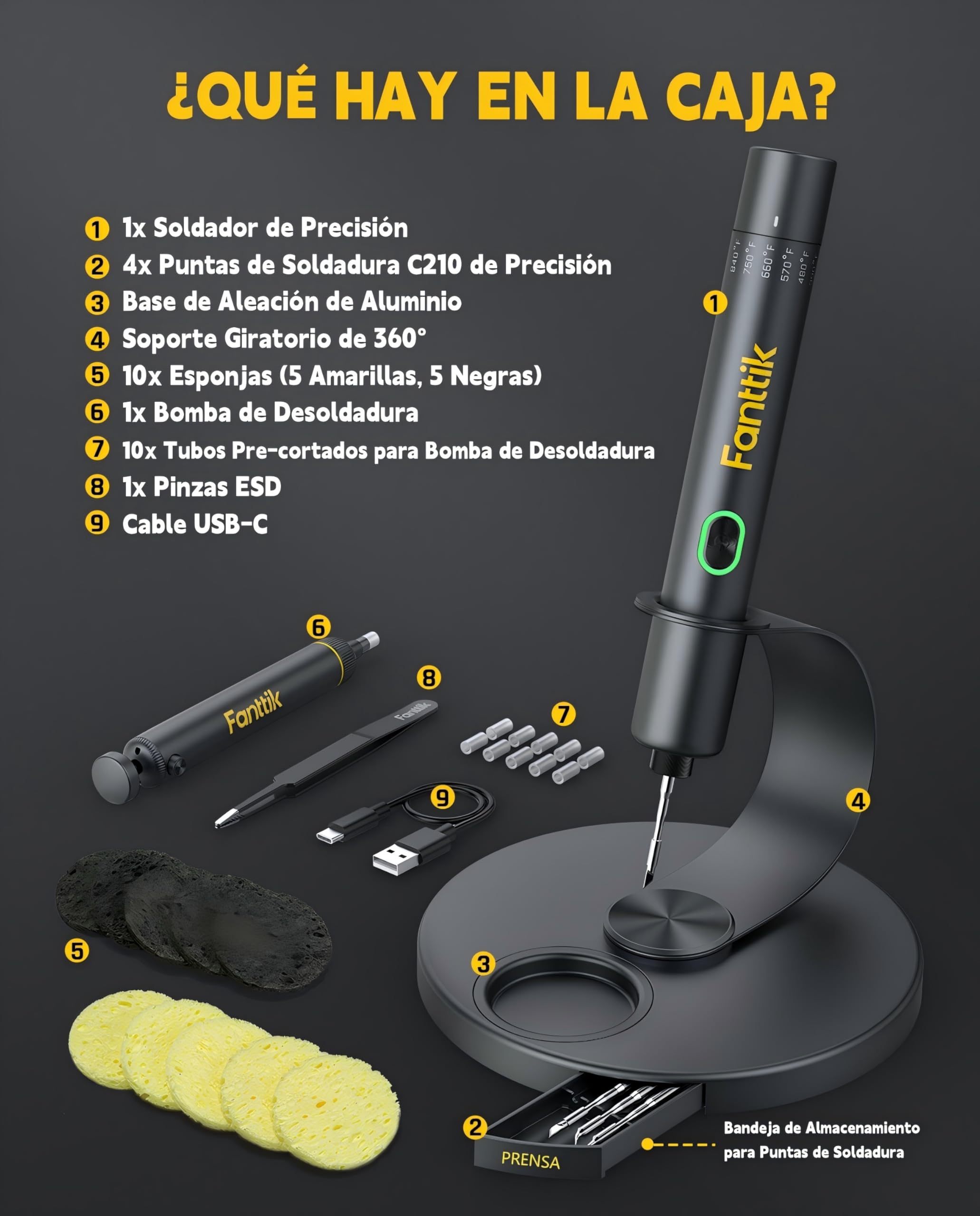 Fanttik de soldador T1 Max, soldador inalámbrico,7 segundos de calentamiento rápido(200-450℃) Temperatura Ajustable, Reposo Automático,4 Puntas de Soldadura de Precisión(C210),Soporte Giratorio 360°