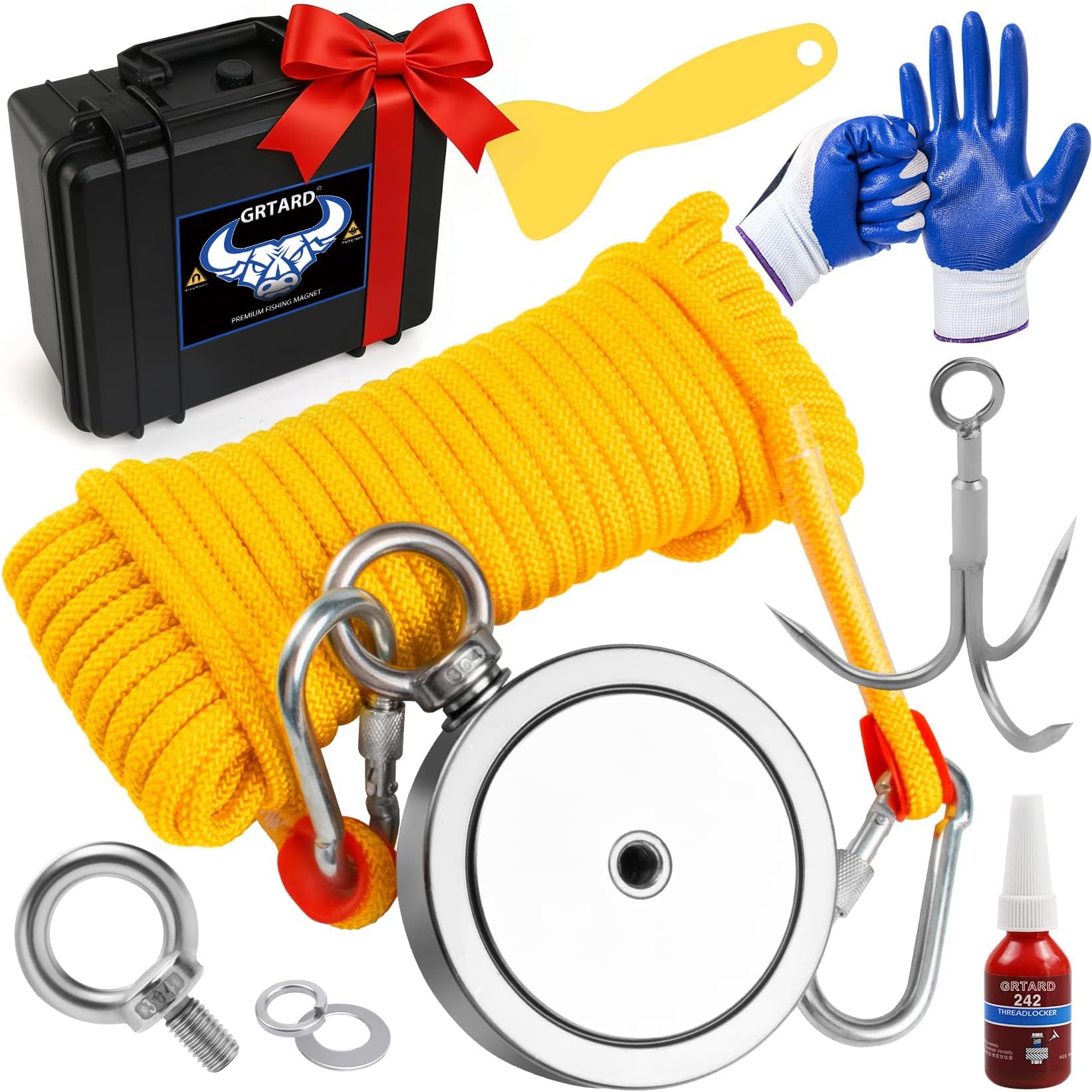 Fishing Magnet Kit - 2625 LBS Pulling Force, Double Sided Magnet with Case, Heavy Duty Retrieval in River, Beach - 4.57 inches Diameter