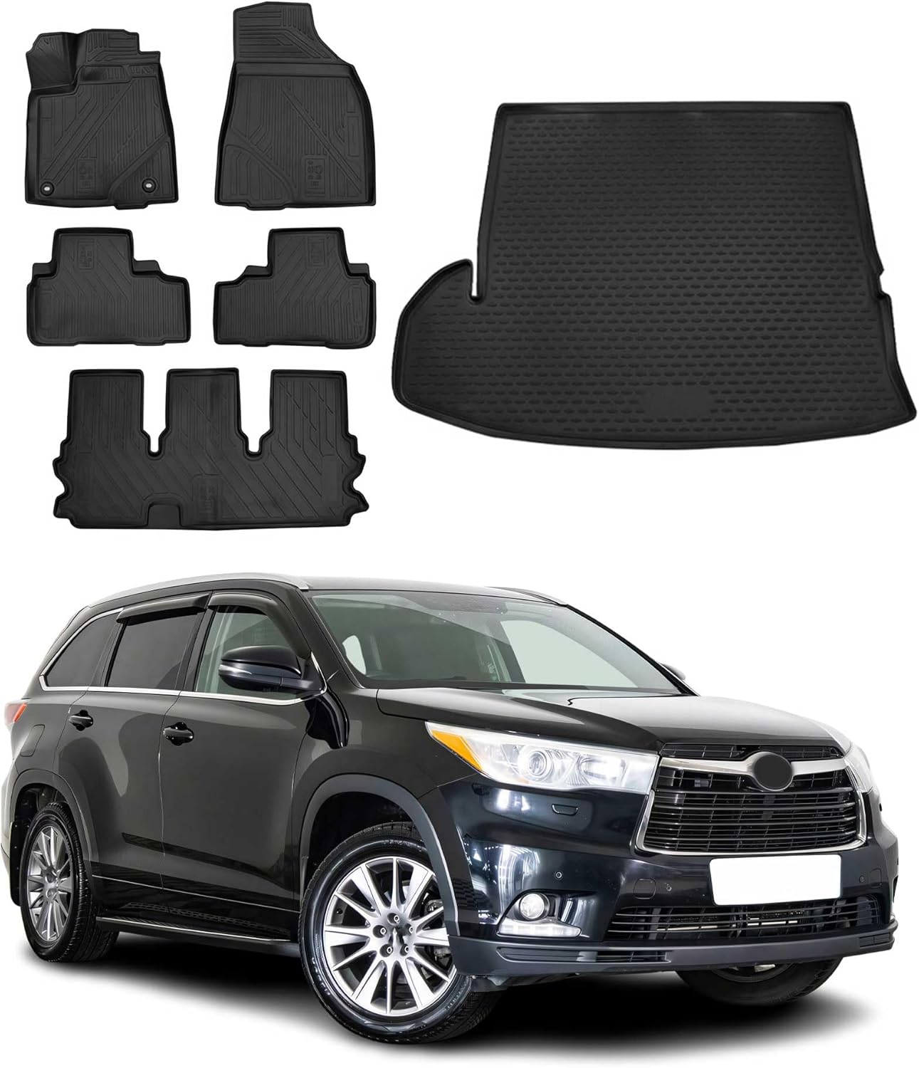 OMAC Custom Floor Mats & Cargo Liners for Toyota Highlander 2014-2019 Black 6 Pcs