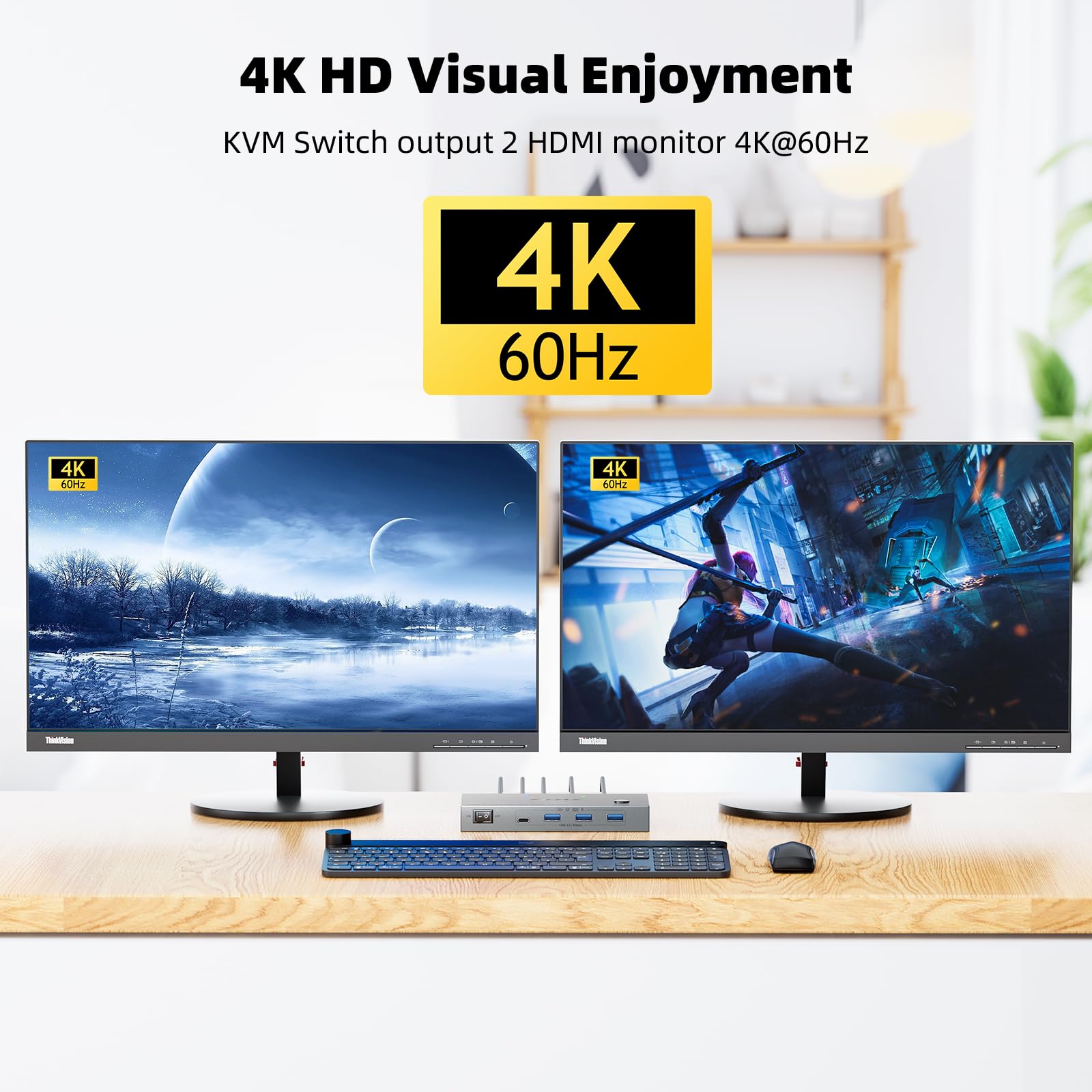KCEVE Switch KVM 2 Monitor 2 Laptop USB C, Switch KVM Dual Monitor HDMI 4K@60Hz per 2 Laptop Condividi 4 dispositivi USB 3.0 con PD da 80W, con 2 cavi USB-C e telecomando cablato