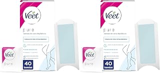 Veet Pure Bandas de Cera Fría Depilatoria para Depilación de Piernas y Cuerpo, Fórmula de Cera Hipoalergénica para Pieles Sensibles, 40 Tiras, 40, 40 unidad, 1 (Paquete de 2)