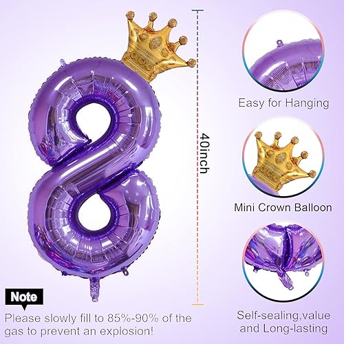 Miniatura 2 de Globo morado de 40 pulgadas con número 8 y corona pequeña para decoraciones de fiesta de cumpleaños, decoraciones de fiesta de cumpleaños de 8 años,