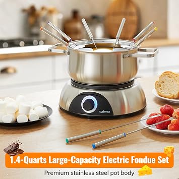 CUSIMAX Electric Fondue Set, 1500W Electric Fondue Pot with Luminous Control Dial, 8 Colour Coded Stainless Steel Forks, For Chocolate, Cheese, Broth, Oil, Stainless Steel Fondue Maker, 1.4Quart