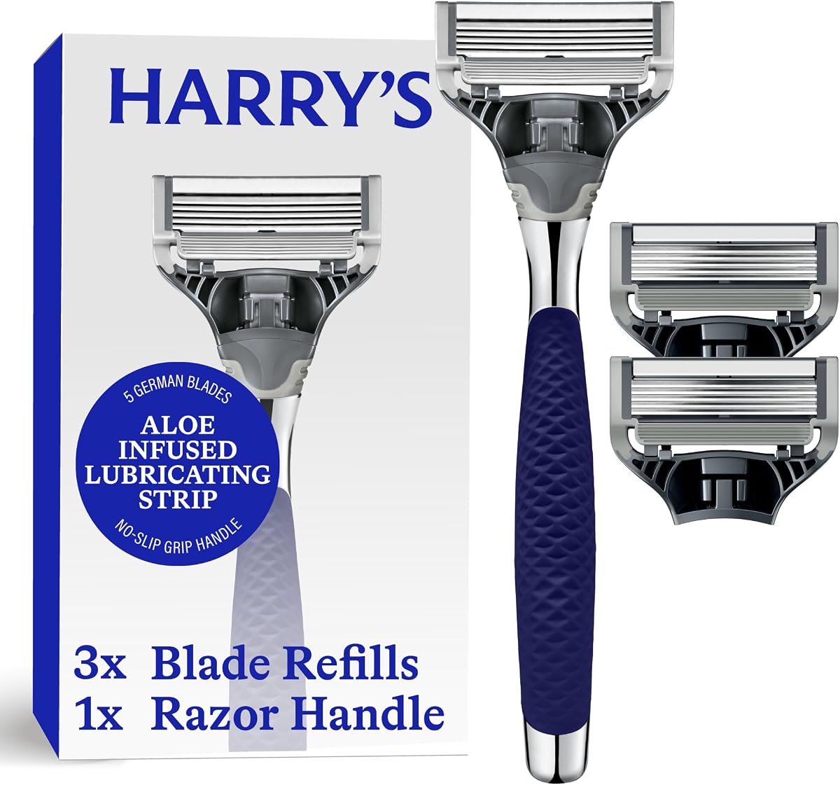 Harry's Original Kit de afeitado para hombres - Mango de afeitar, 3 recambios de cuchillas de afeitar | Ingeniería alemana - Edición Chrome