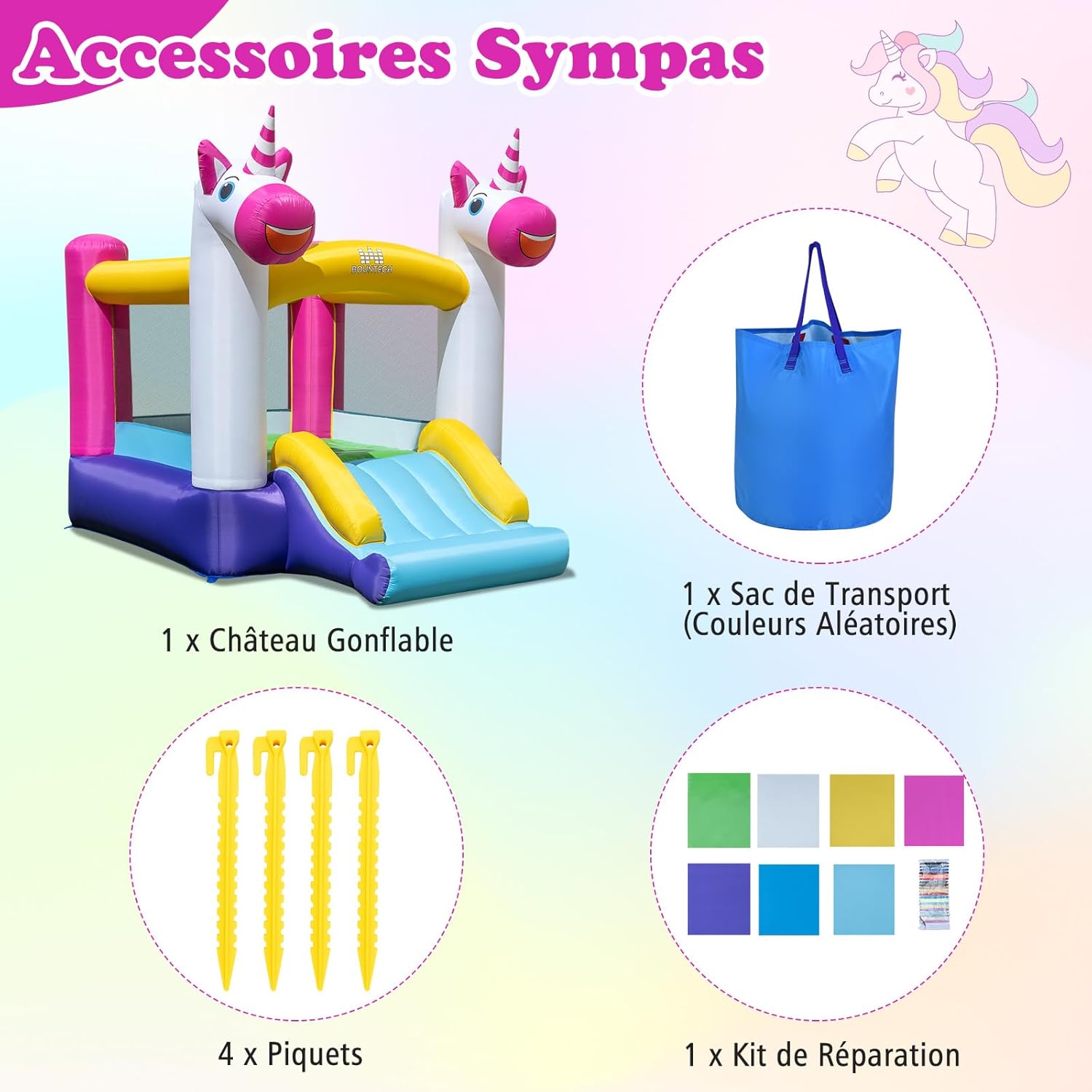COSTWAY Unicorn Themed Inflatable Castle with Slide and Jumping House, Inflatable Oxford Fabric Playground with Carry Bag, Indoor Outdoor Up to 2 Children 3-12 Years Old
