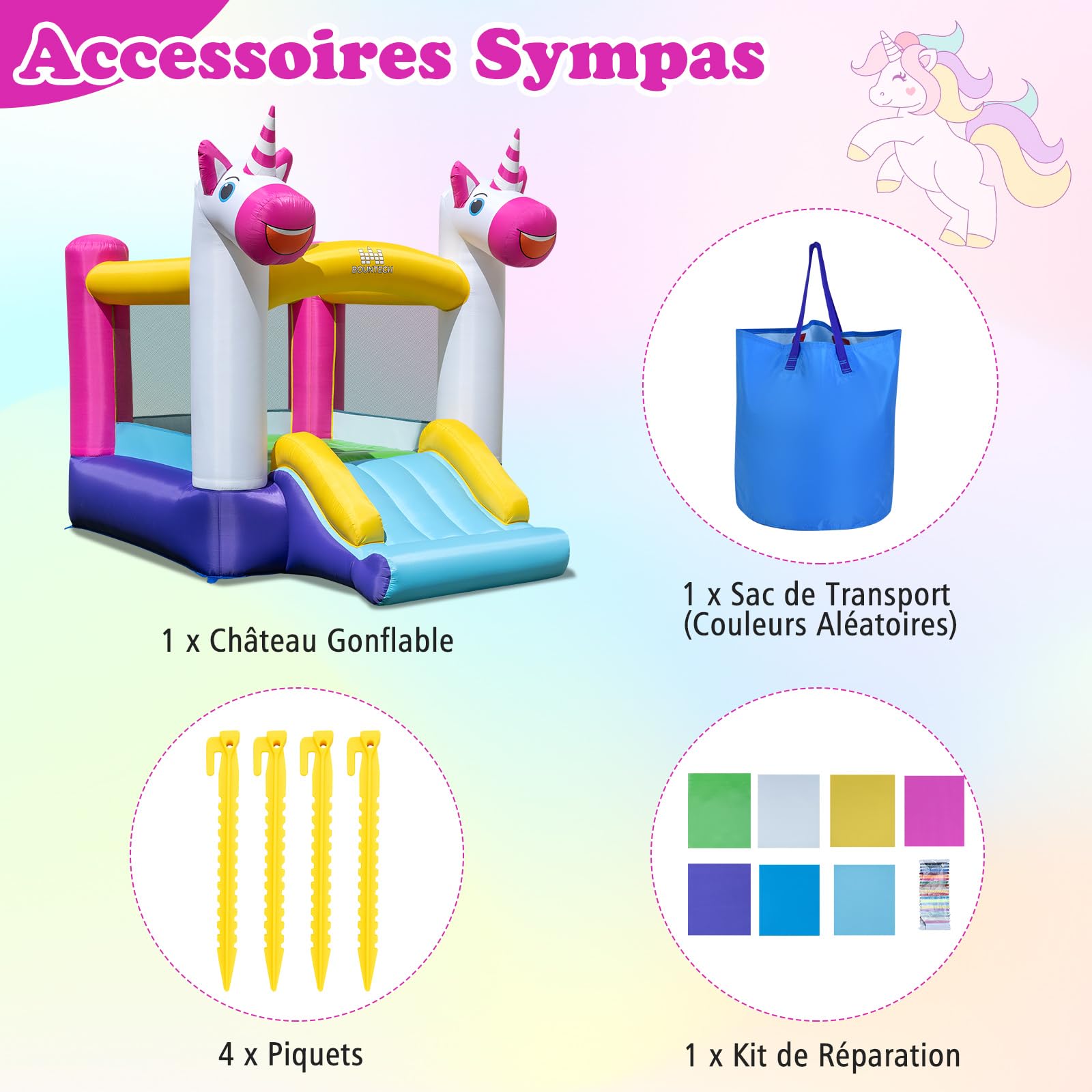 COSTWAY Château Gonflable sur Thème Licorne avec Toboggan et Maison de Saut, Aire de Jeux Gonflable en Tissu Oxford avec Sac de Transport, Intérieur Extérieur jusqu'à 2 Enfants de 3-12 Ans