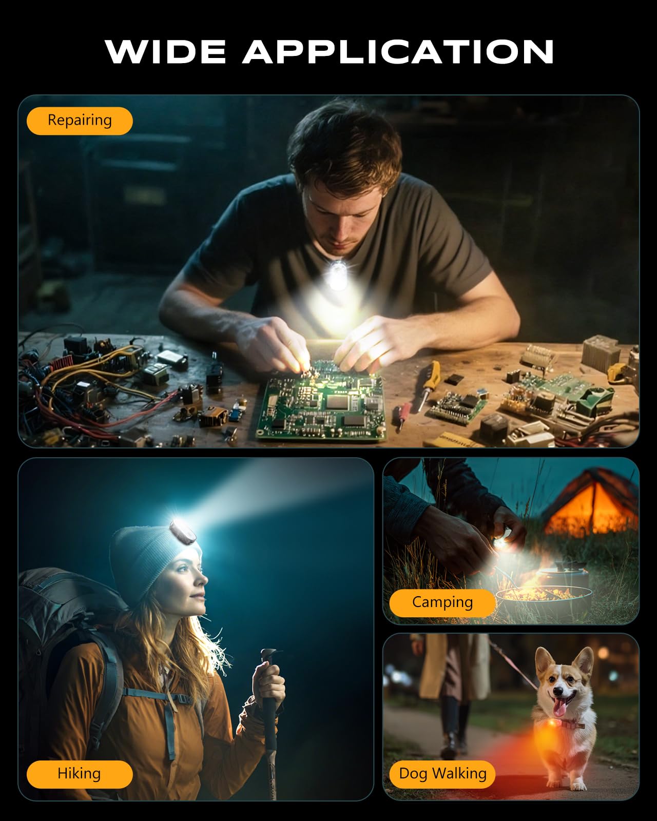 Cuvccn Mini torcia da 500 lm, 10 modalità, piccola torcia a clip con luce spot e luce di inondazione, impermeabile IP65, ricaricabile, luci da corsa per corridori, campeggio, escursionismo, emergenza