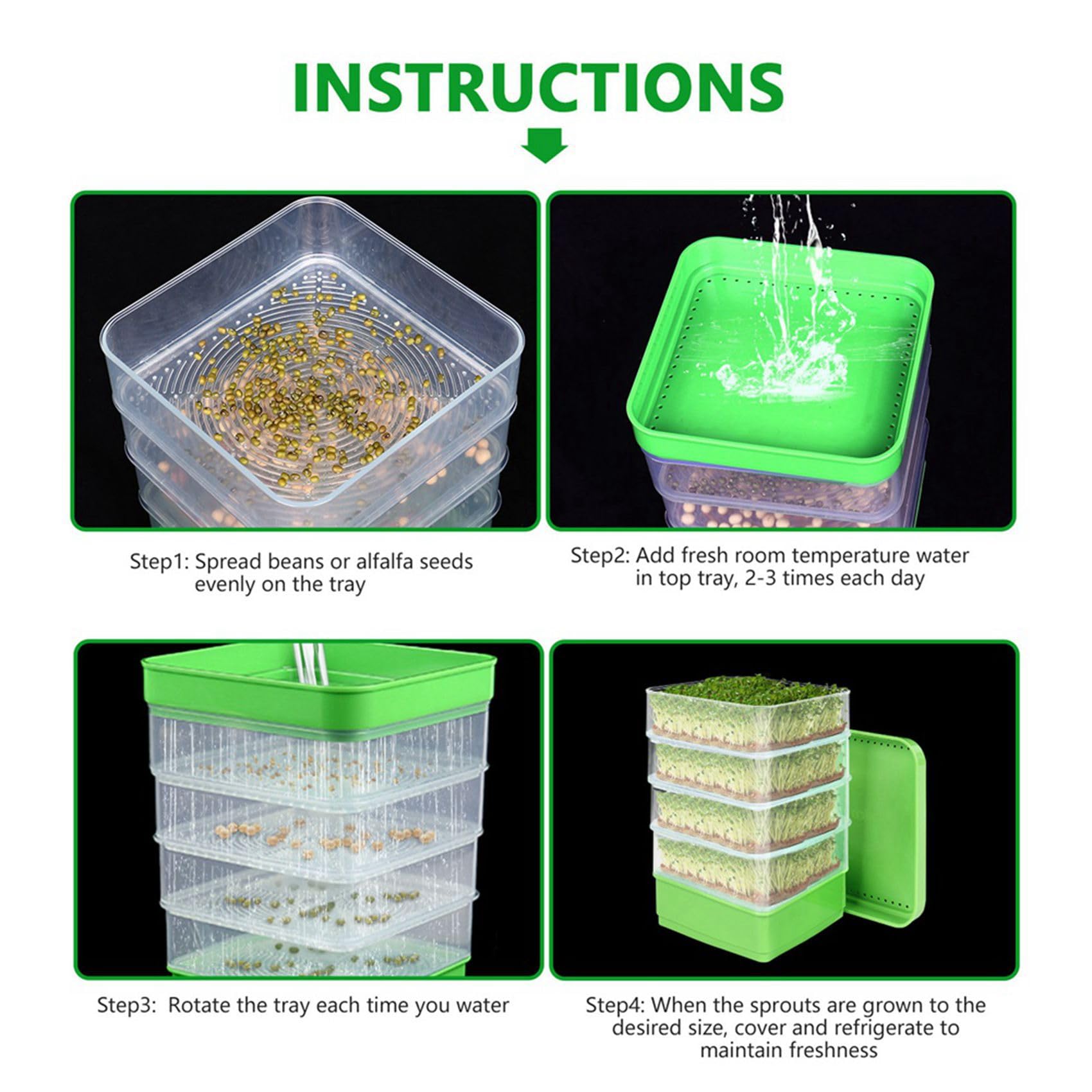 Lot de 2 plateaux de germination de graines de haricots pour plantes microvertes, bac d'égouttement, kit de culture empilable avec quatre niveaux