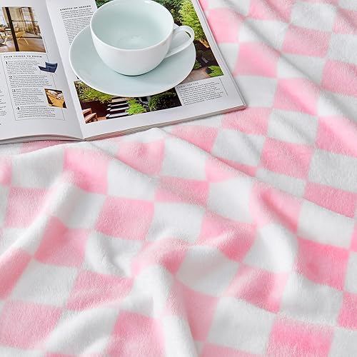 Miniatura 4 de Manta a cuadros rosa, manta de forro polar ultrasuave para sofá, cama y viajes, mantas de lujo para todas las estaciones, 60 x 80 pulgadas, rosa