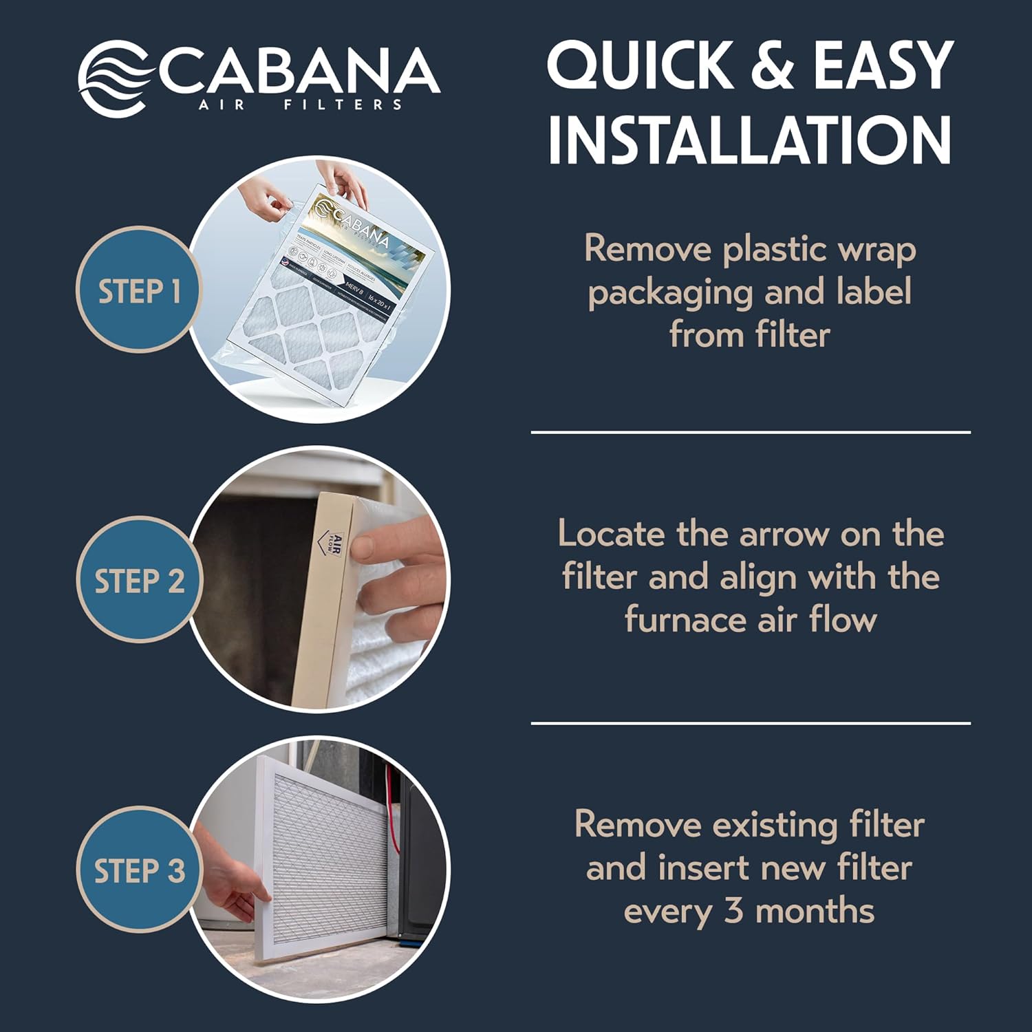 Cabana Filters 6-Pack 16x20x1 MERV 8 AC Furnace Air Filter for Home and Office - Indoor HVAC System Filtration Replacement, Captures Unwanted Particles