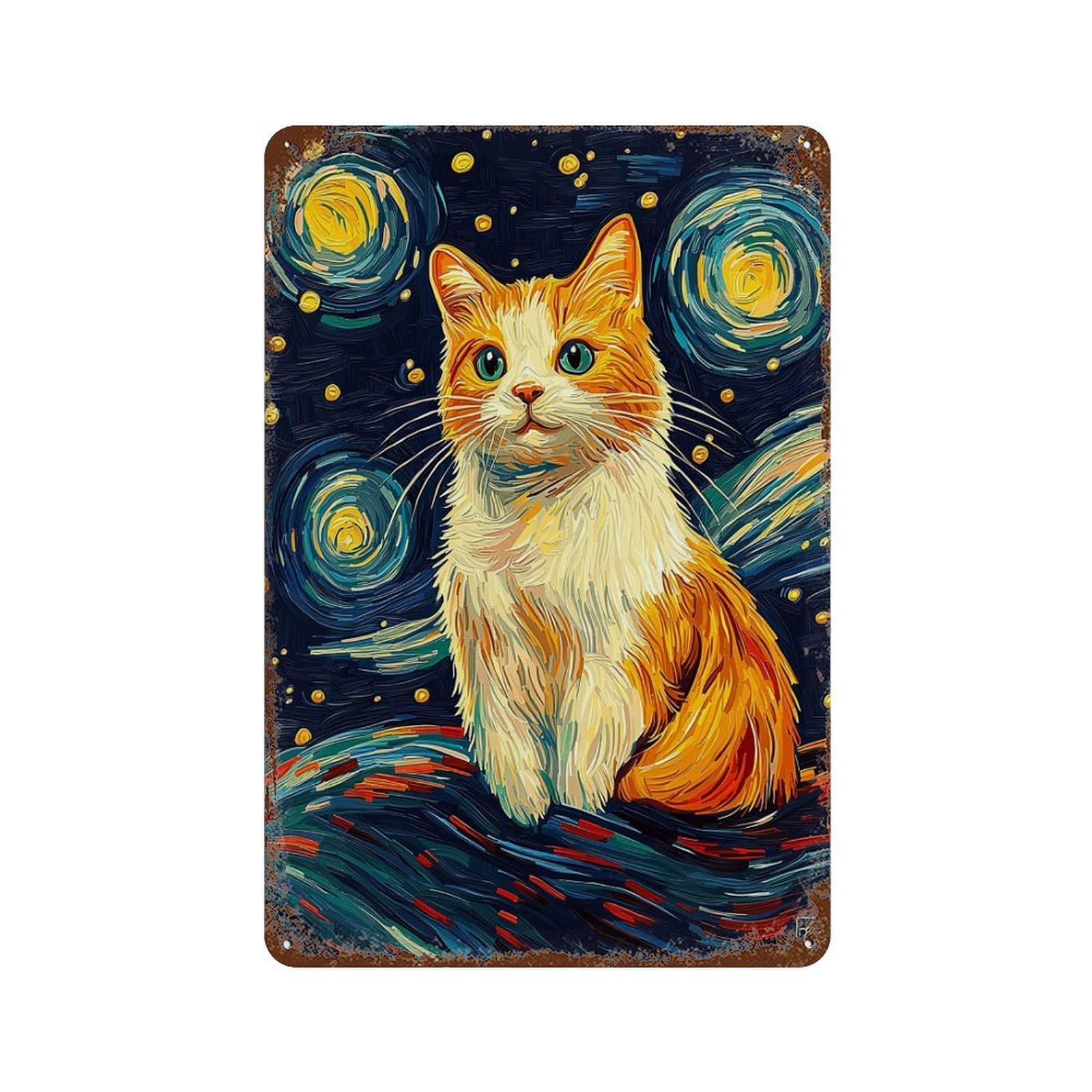 Distressed Metal Wall Sign with Starry Night Cat Art Print Design 11.8"x7.9", for Cafe, Home Bar And Lounge Decor, Retro Wall Decor