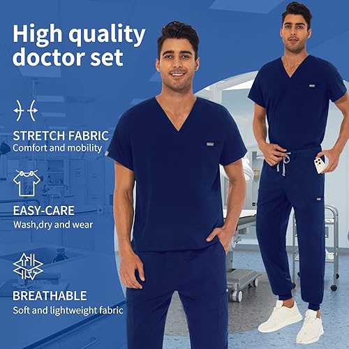 Miniatura 2 de VIAOLI Conjunto de uniforme médico atlético para hombre, cuello en V y pantalones de yoga con 8 bolsillos, uniforme de trabajo de enfermería médica