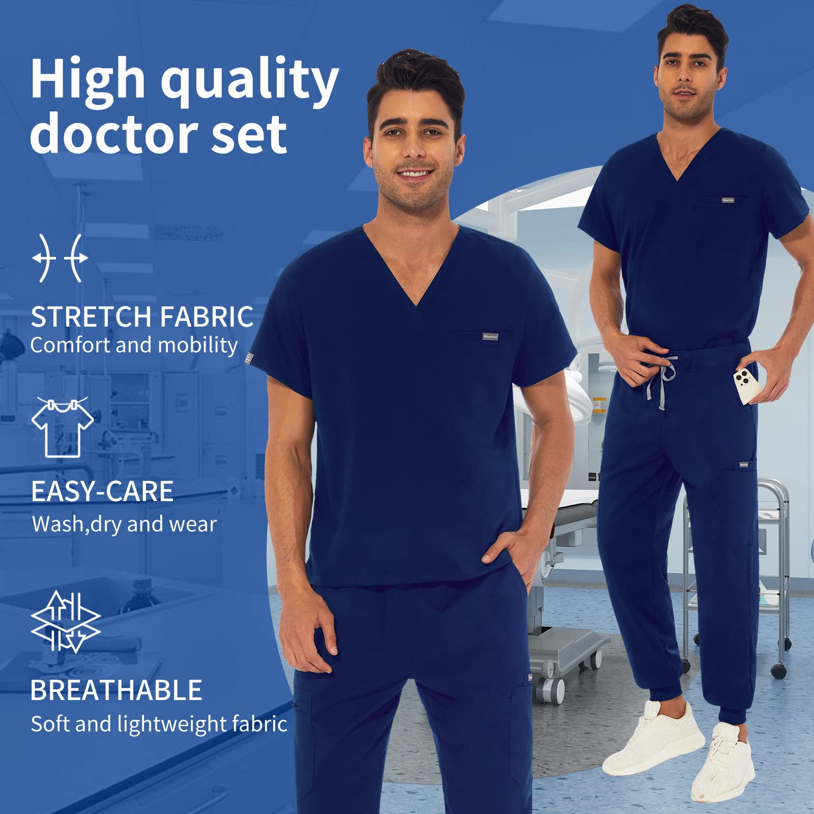 VIAOLI Athletic Scrub Set for Men V-Neck Scrub Top & Yoga Jogger Scrub Pants with 8 Pockets Medical Nursing Working Uniform (Navy Blue, S)