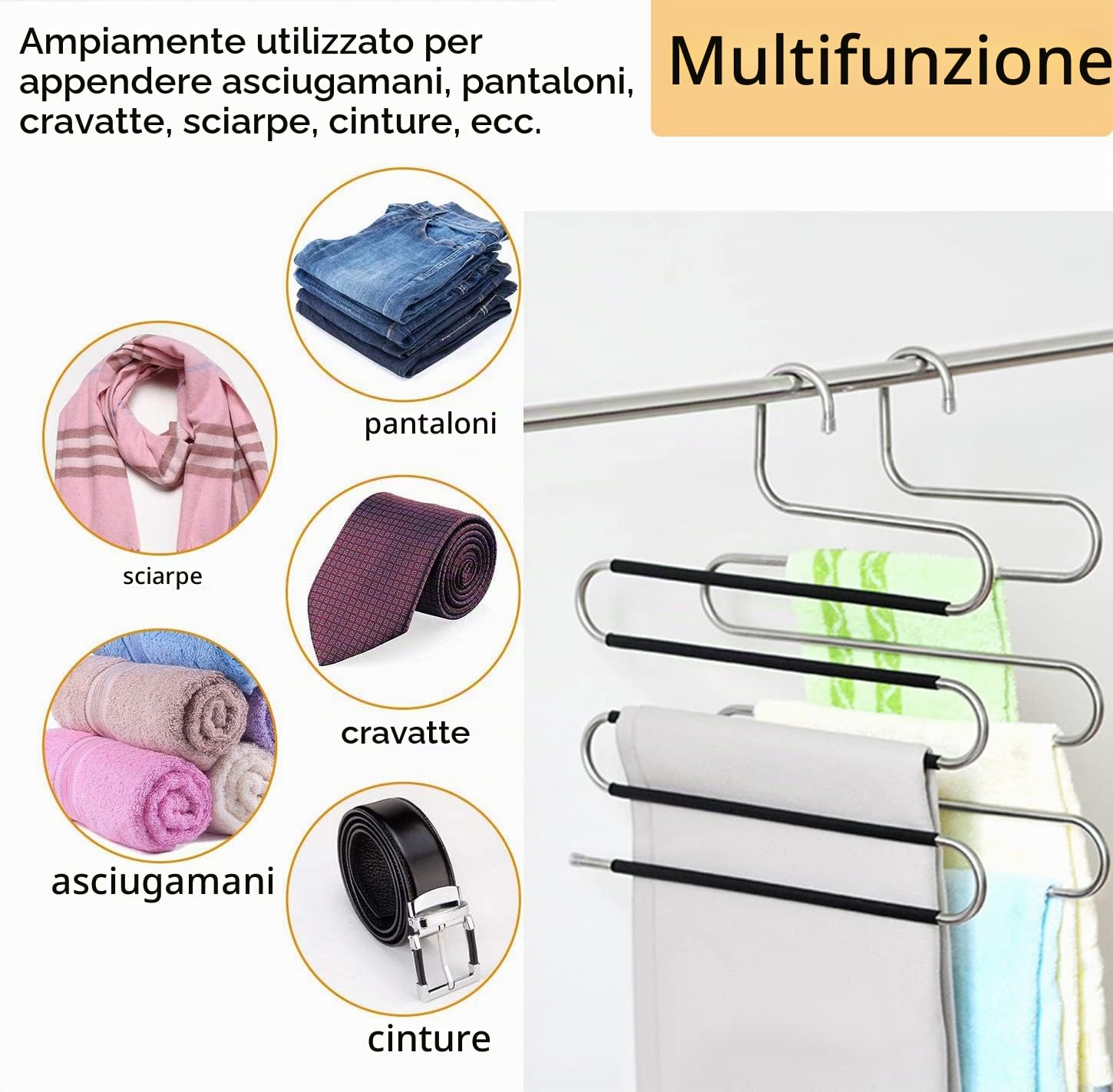 10 grucce salvaspazio per pantalone, in acciaio inox, antiscivolo, tipo S, per vestiti, armadi, organizer per sciarpe, jeans, asciugamani, leggings