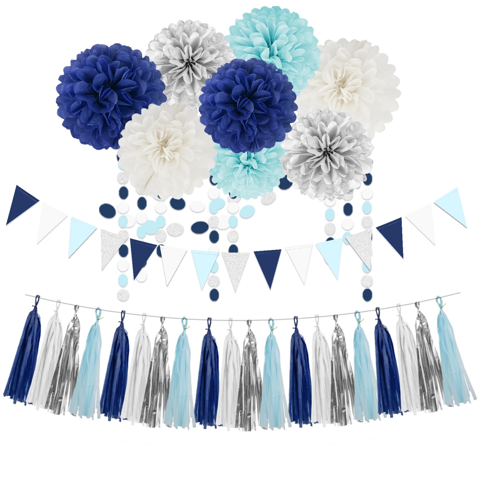 Teal Silver White Navy-Blue Party-Decorations - 30pcs Tissue Paper Flowers Pom Poms Tassel Garland Pennant Banner Flag Streamers Birthday Decorations