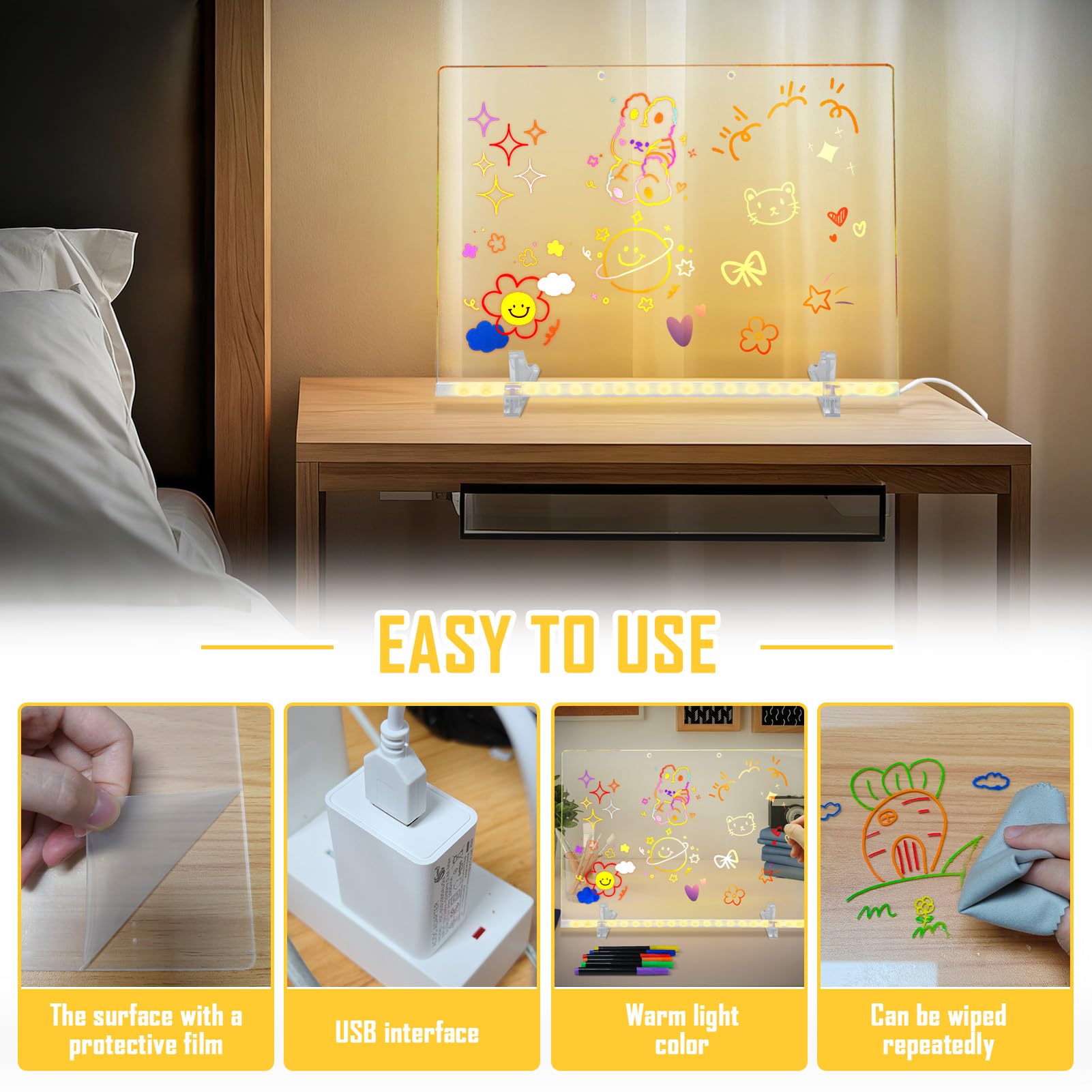 Pizarra LED Transparente 35x25 Acrílico con Lápiz 7 Colores Soporte Ajustable Luminosa Lavable