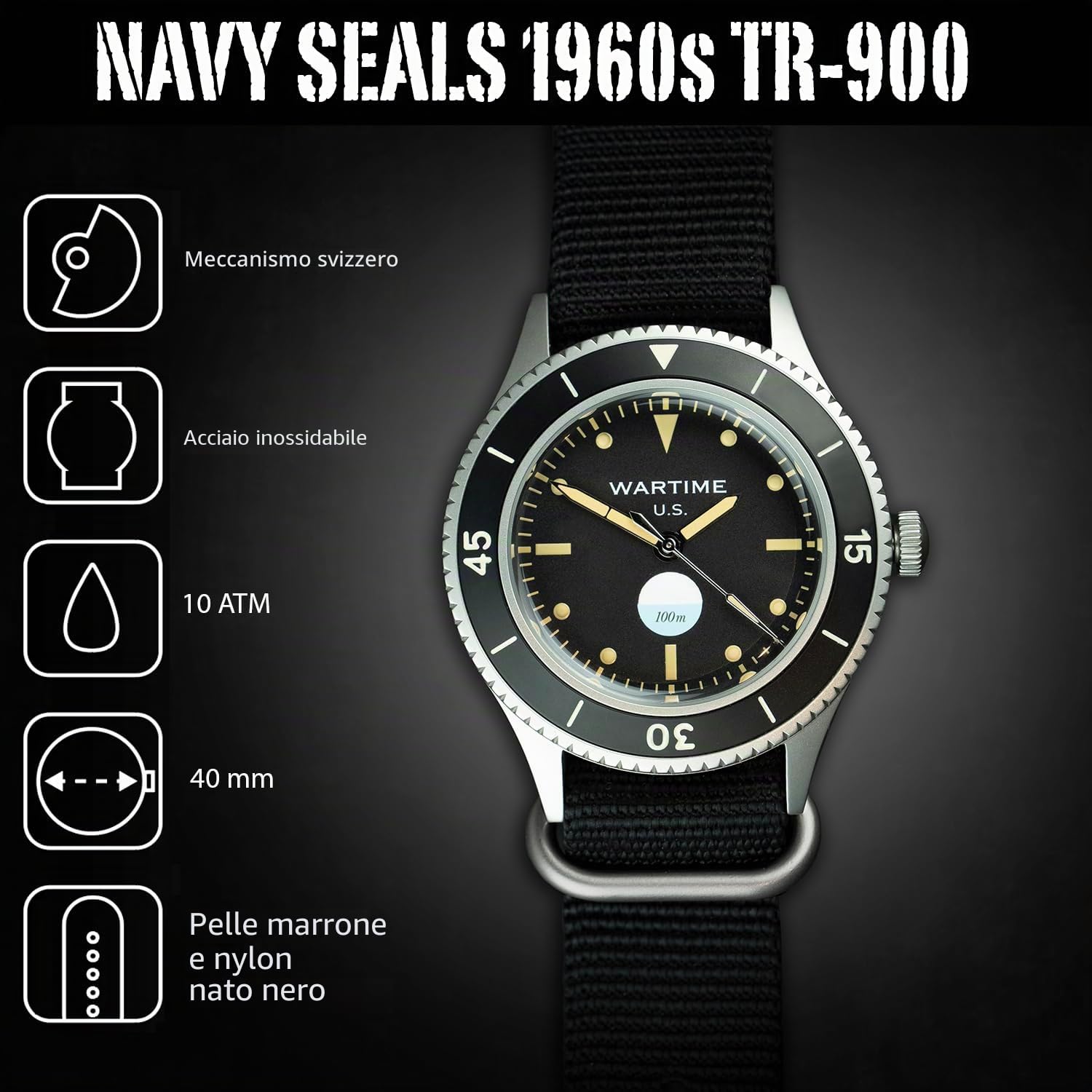 Wartime | TR-900 Orologio aereonautica militare uomo – Omaggio all’orologio militare del 1960 UDT Navy Seal Teams, design tattico vintage dalla precisione e durata moderne