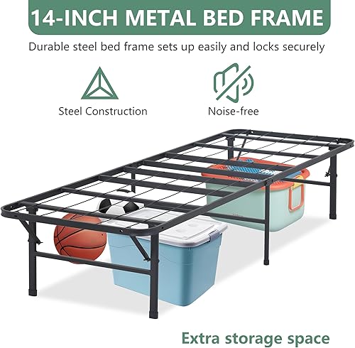 Miniatura 6 de PayLessHere Marco de cama plegable de metal de 14 pulgadas, plataforma de listones de acero resistente, base de cama, base de colchón, repuesto de