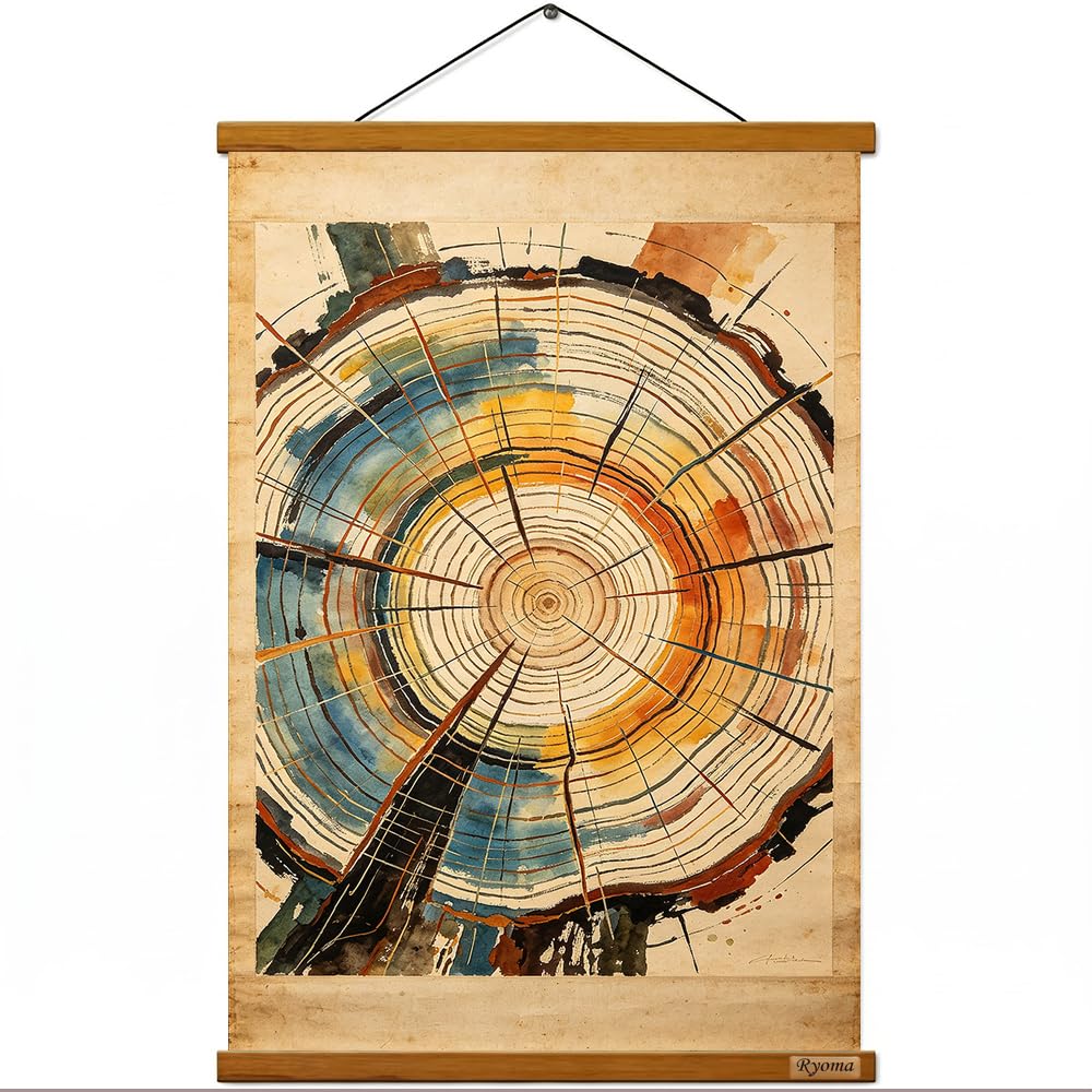 Ryoma Hanging Scroll Canvas Wall Art,Wooden Scroll Hanging Painting, HD Watercolor Print Canvas Wall Decor 16x24in (Tree Ring Cross Section)