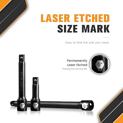 Miniatura 5 de Juego de barras de extensión de impacto de 12 pulgada  3 extensiones de enchufe de 3 pulgadas, 5 pulgadas y 10 pulgadas de longitud, acero Cr-V de