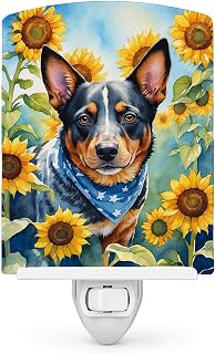 Caroline's Treasures Australian Cattle Dog in Sunflowers Ceramic Night Light Compact, UL-Certified, Ideal for Bedroom, Bathroom, Nursery, Hallway, Kitchen, 6x4x3, Multicolor