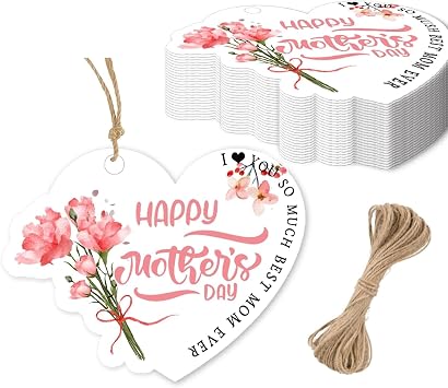 100 Pcs Happy Mothers Day Heart Tags 2.32x3.01 Inches Happy Mothers Day Hanging Paper Tags with String Floral Mothers Day Labels for Mothers Day Wrap Party Favor Decorations