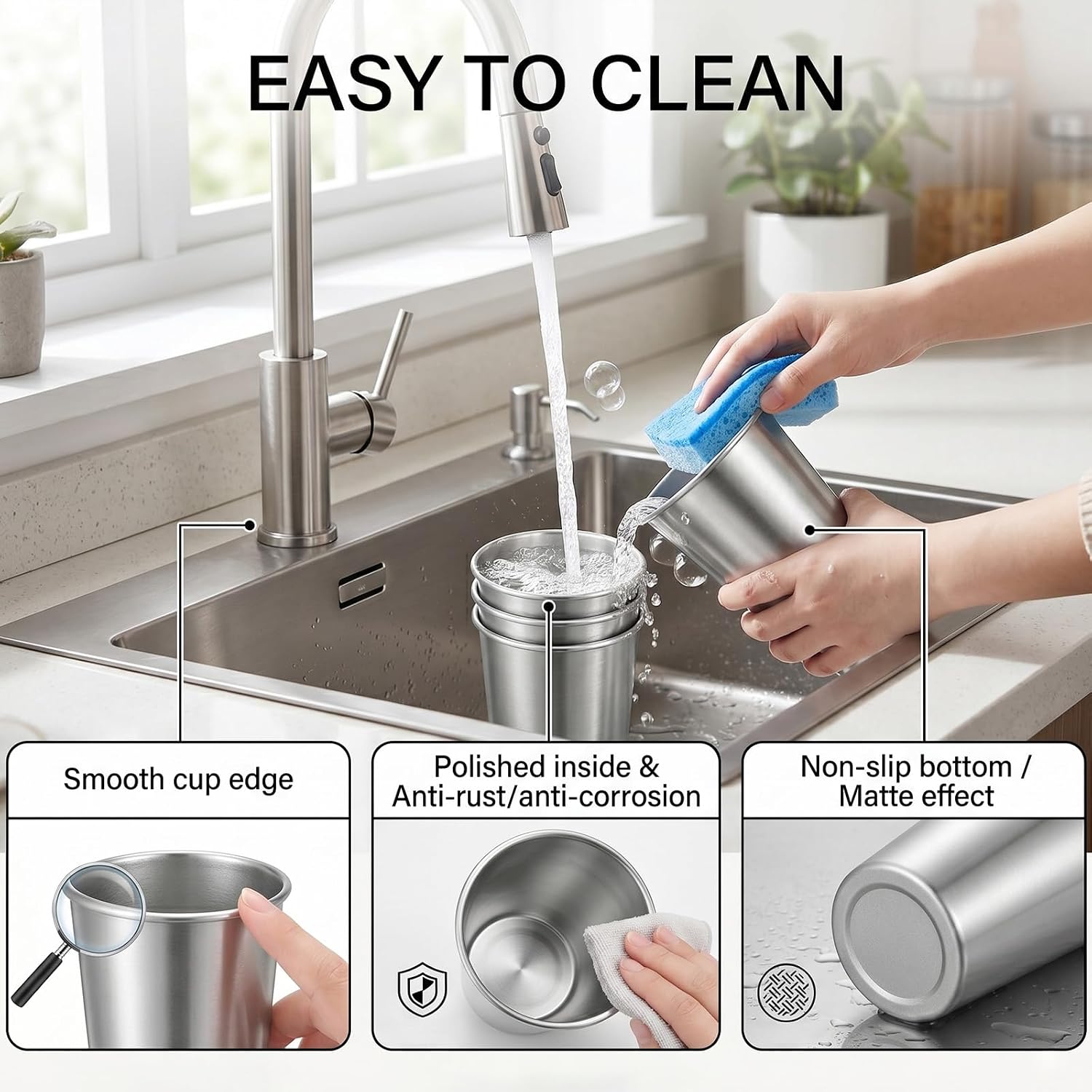 4 Pack 24oz Stainless Steel Pint Cup, 700ml 304 Stainless Steel Cups