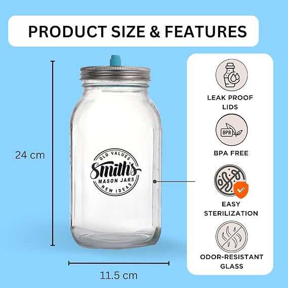 Smiths Fermentation Jars 2L – 2 Pack Glass Fermenting Jars with Airlock (1 Gas-Release Lid & 1 Storage Lid) – Used as Kimchi Container, Pickles, Kefir Jar, Kombucha, Sauerkraut Fermentation Jar