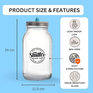 Smiths Fermentation Jars 2L – 2 Pack Glass Fermenting Jars with Airlock (1 Gas-Release Lid & 1 Storage Lid) – Used as Kimchi Container, Pickles, Kefir Jar, Kombucha, Sauerkraut Fermentation Jar