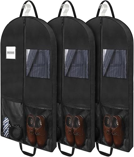 Paquete de 3 bolsas de ropa de 43 pulgadas para almacenamiento en armario y bolsas de ropa de viaje para colgar ropa bolsa de traje con 2 bolsillos
