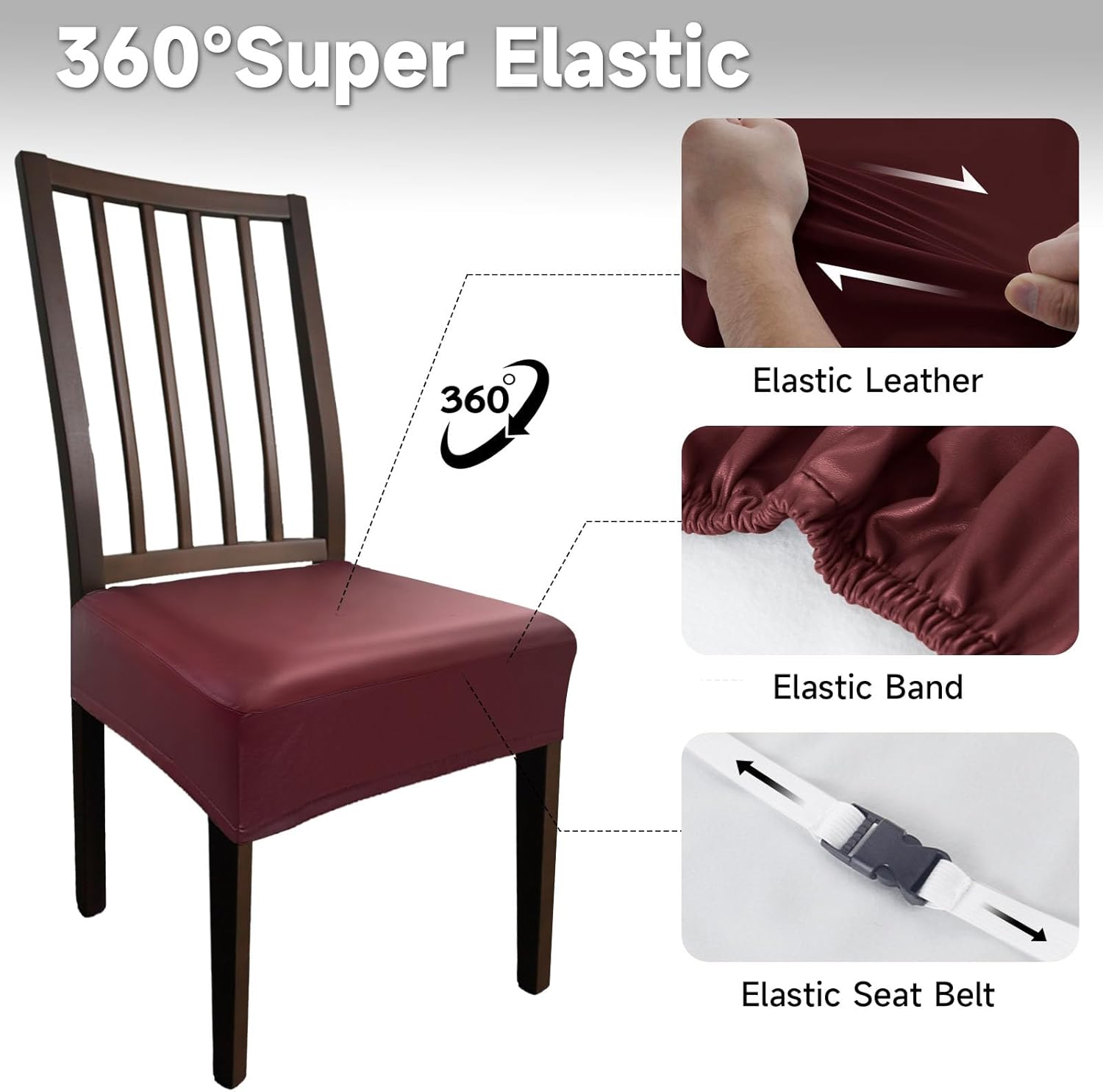 Leather Seat Covers Dining Chairs Waterproof Kitchen Chair Seat Covers set of 4, Wipeable 4-Sided Super Elastic PU Chair Covers Dining Chairs for Dining/Kitchen Room and Dust Resistant(Red, 4PCS)