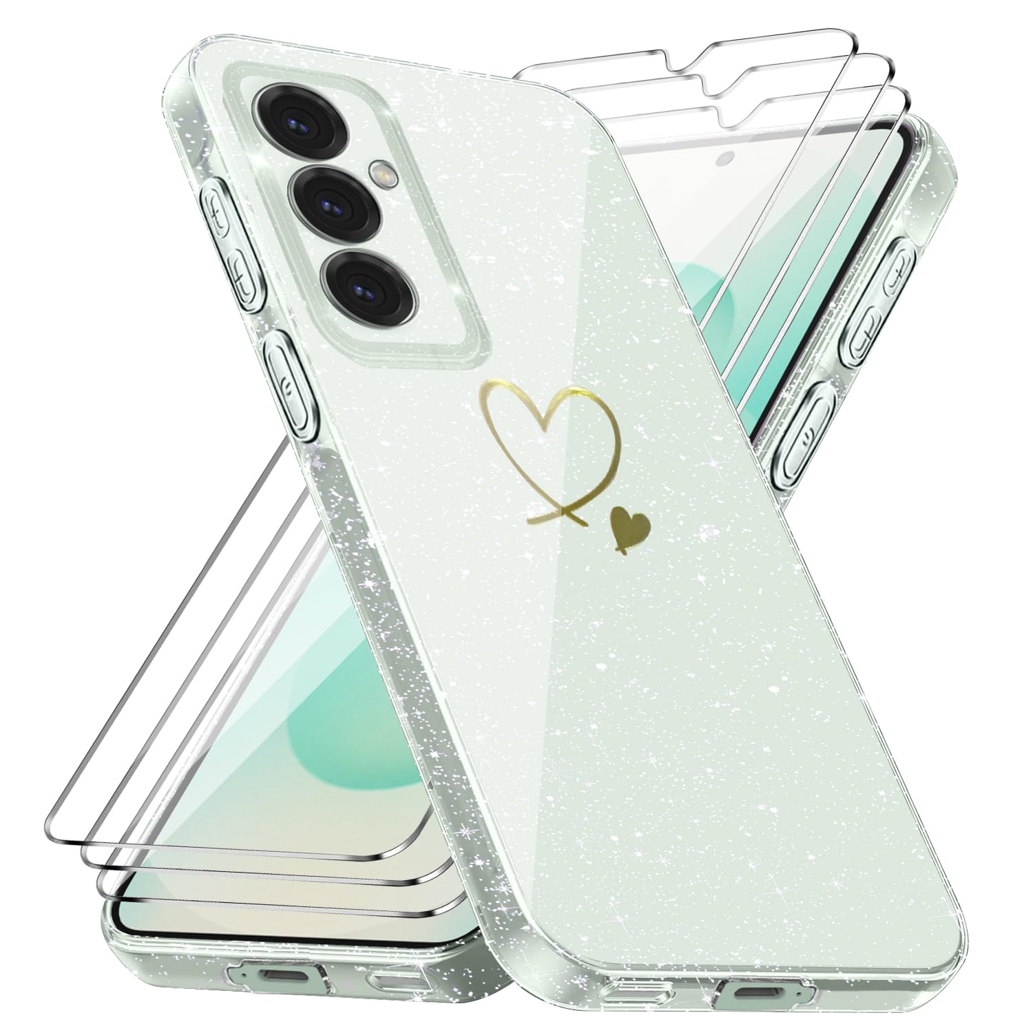 Cover Compatibile con Samsung Galaxy S25/ Samsung Galaxy S24 5G, con 3 Pezzi Vetro Temperato Pellicola Protettiva, Glitter e Antimpronta Custodia, Antigraffio e Morbido Caso - Trasparente