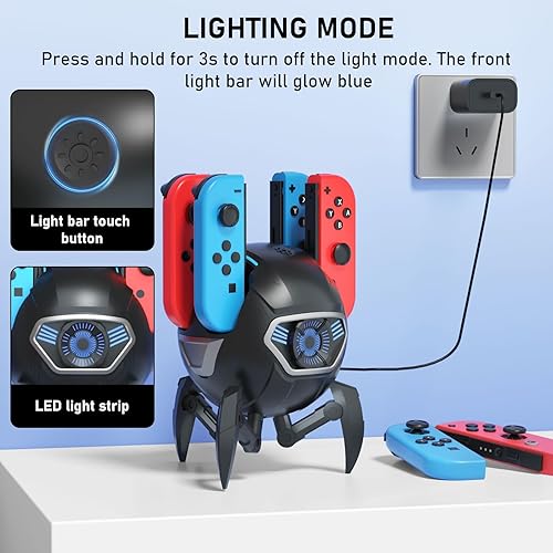 Vista 6 de Joy-Con - Base de carga para Nintendo Switch con adaptador de CA y cable USB-C, estación de carga Joy-Cons de bolas de nieve Paobas con indicador LED