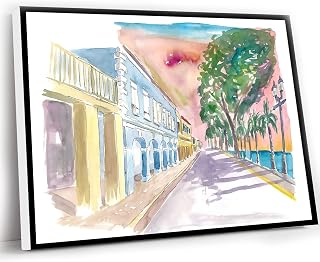 Painted Canvas Wall Art,Bedroom Room Decor,Frederiksted Us Virgin Islands Promenade At Sunset St Croix Wall Decoration Edition Fine Art Print Watercolor,8x12 Inch Framed Wall Art