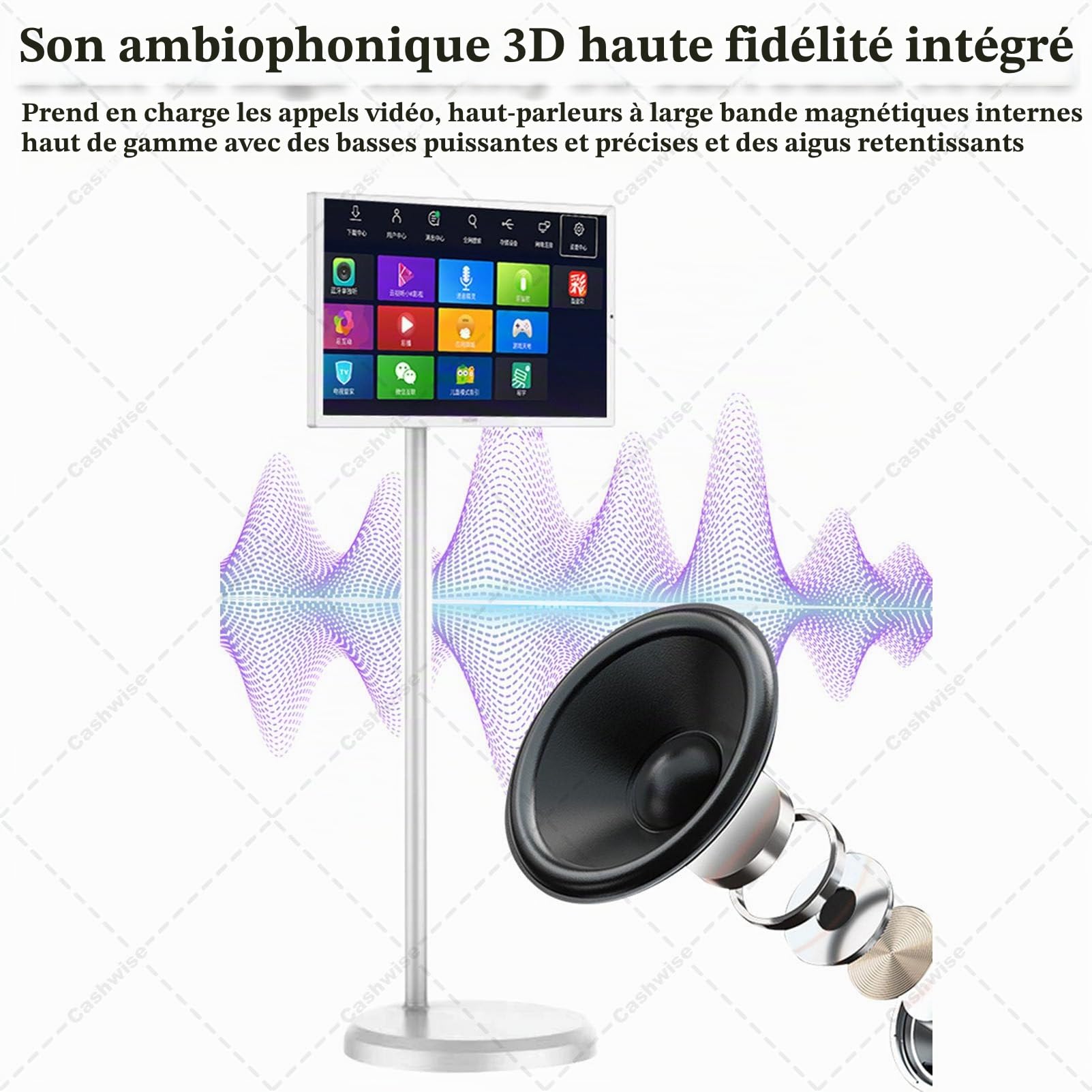 Téléviseur Portable 24 Pouces sur roulettes 1080p, écran Tactile Rotatif, Tablette avec Base, système d'exploitation Android 12, Batterie 10 000 mAh (6 h), autonomie en Veille 6+64G