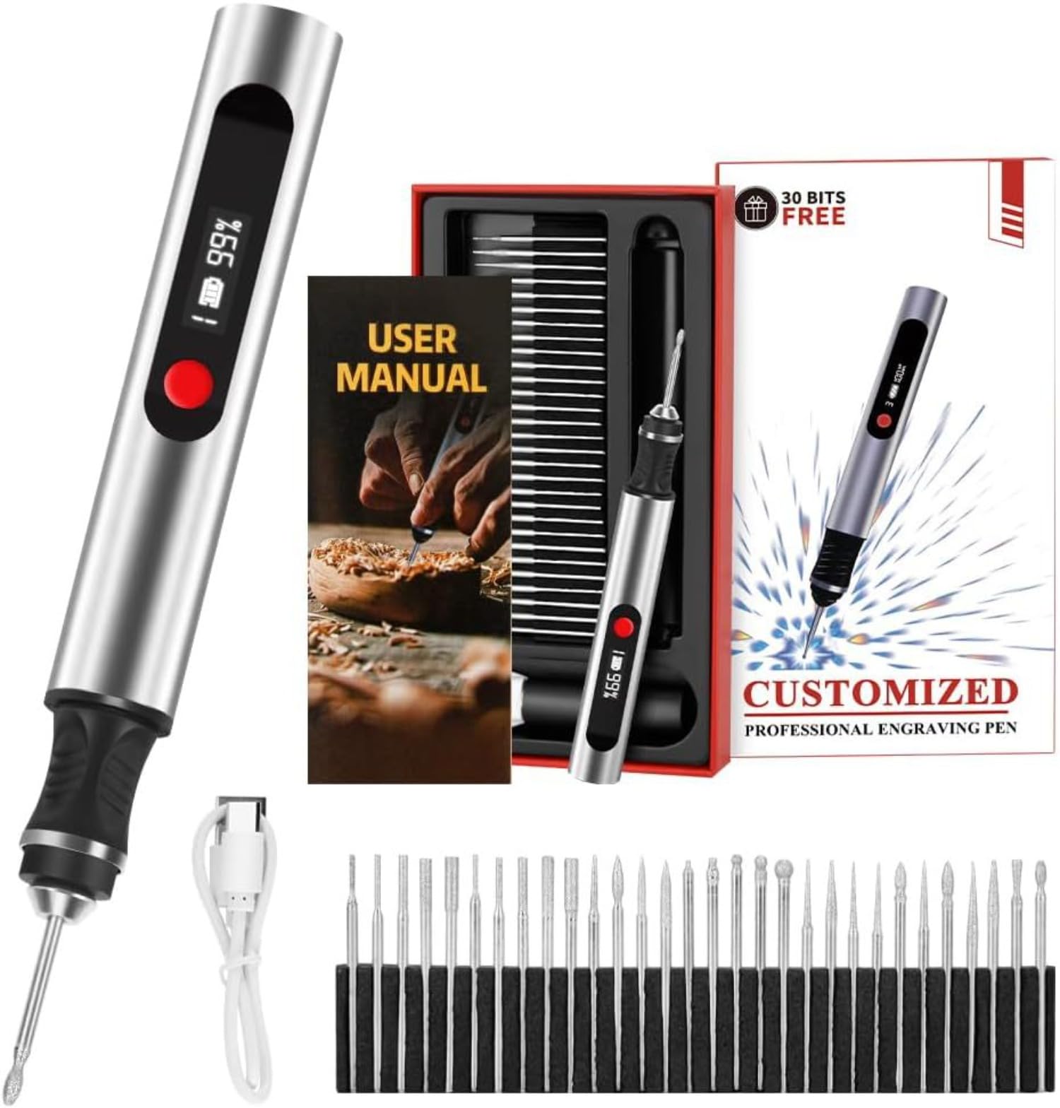 Creative Pen Kabelloser Gravurstift,tragbare Gravurwerkzeug Für Künstler Und Bastler,Graviert Über 50 Oberflächen,Ideal Für Anfänger,Enthält 30 Schneidspitzen (Schnitzset)