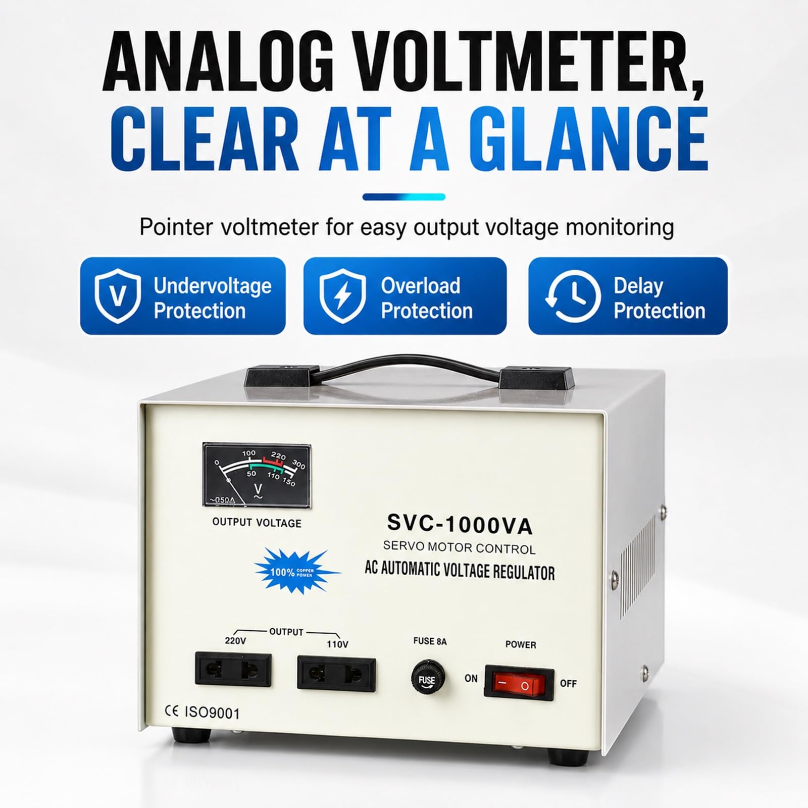 Regulador de Voltaje Automático Alta Precisión Estabilizador 110V/220V | Convertidor de Voltaje Entrada 160V-240V Protección Segura Continua para Electrónica PC TVs y Refrigeradores(1000VA)