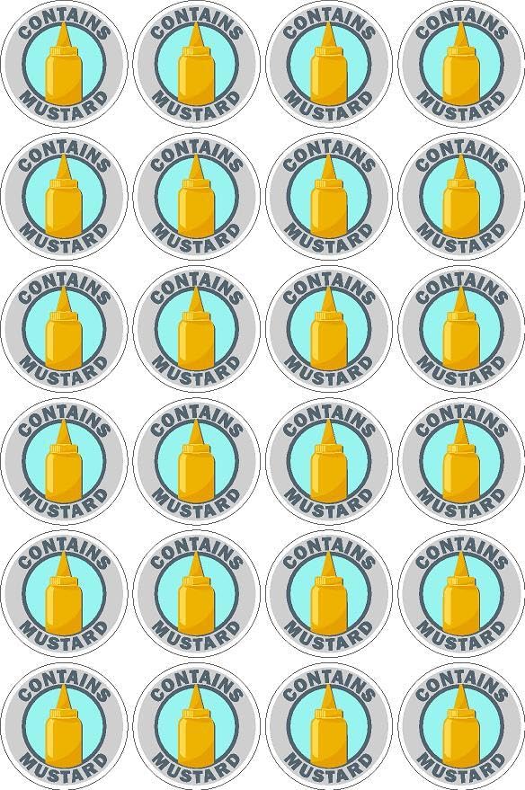Contains mustard food safety signs 50mm x 50mm cut out circles - Pack of 24 stickers supplied on an A4 sheet