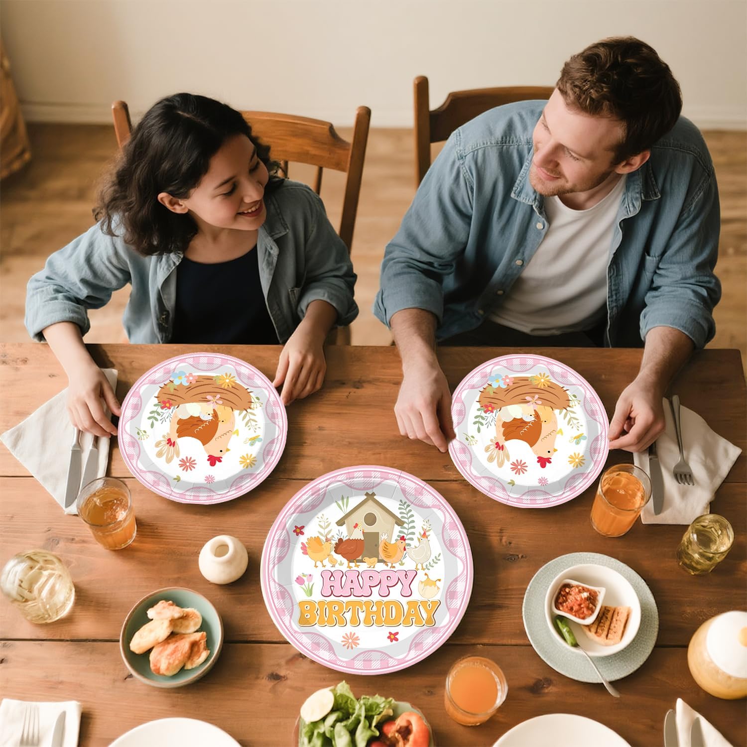 Xynic 201pcs Chicken Birthday Decorations, Convenient Disposable Tableware Set Includes Waterproof Tablecloths 300gsm Plates Centerpieces and Banner, Chicken Party Decorations Serve 25