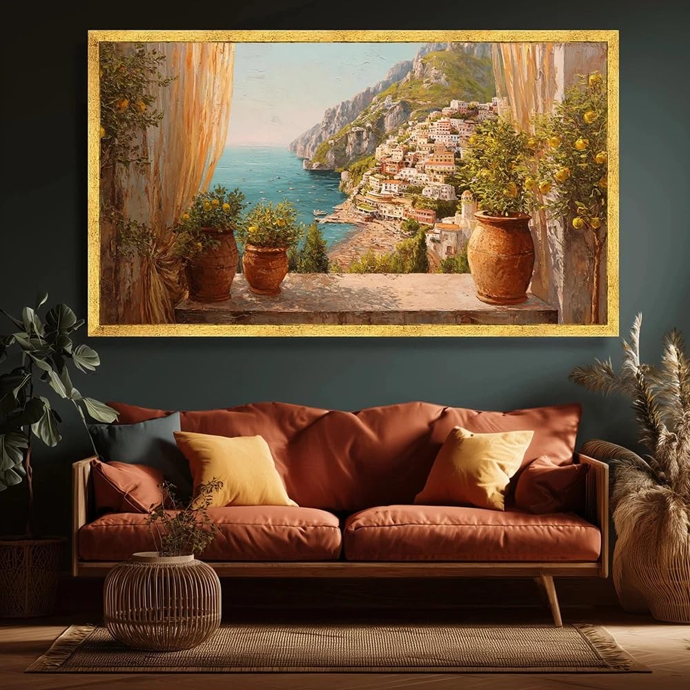 Gosrd Frameless Canvas Prints Coast Landscape Wall Art Posters Village Terrace Painting Sea Decor Rustic(60X120cm)