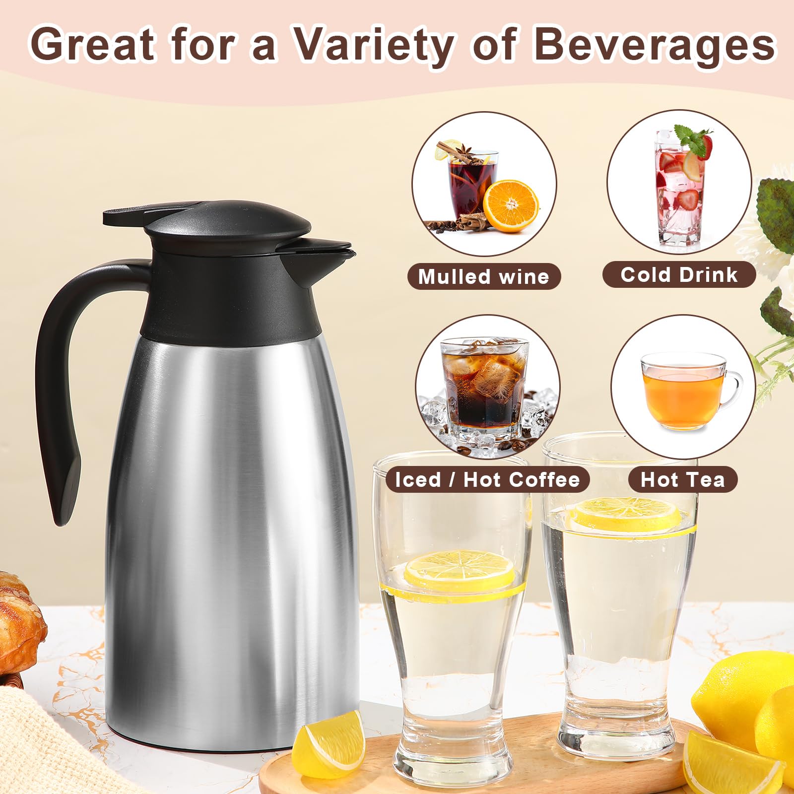 Norme 2 jarras térmicas de café de acero inoxidable aisladas para líquidos calientes al vacío, dispensador de crema con cepillos para mantener la leche caliente (plata, 31 onzas)
