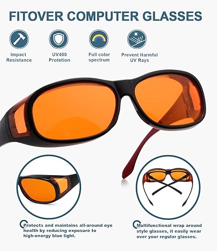 Miniatura 4 de BLUELESS Fitover - Lentes de computadora con bloqueo de luz azul y lentes de dormir teñidos de naranja, negro y rojo