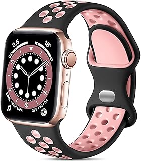 Mobilic Women and Men Silicone Sport Bands for iWatch 44mm Series 8 7 6 5 4 3 2 1, Sport Edition, Black/Pink, M/L