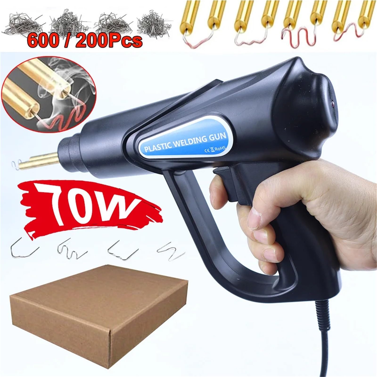 Zgrzewarka do plastiku Zestaw do spawania tworzyw sztucznych 70 W z 200/600 szt. gwoździ samochodów, napraw rur, projektów DIY, maszyna(600Pcs Nails)