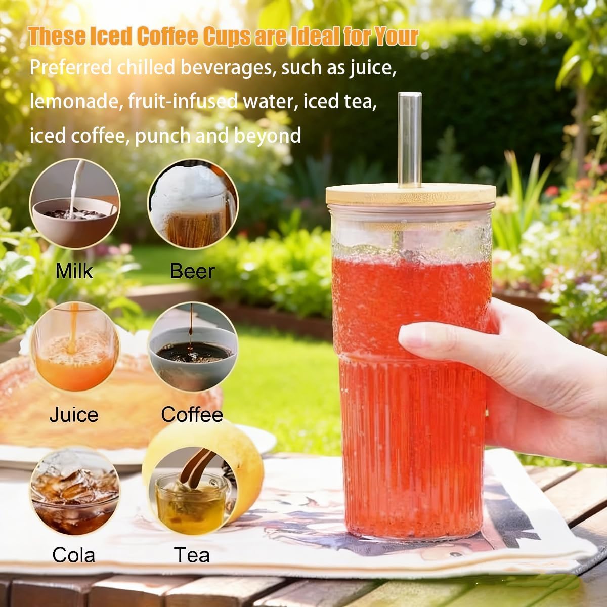 24Oz Embossed Glass Tumbler with Bamboo Lid and Straws, 4PCS Large Capacity Iced Coffee Cup with Cleaning Brushes, Ribbed Coffee Cups, Vintage Drinking Cold Beverages for Iced Coffee, Tea, Juice