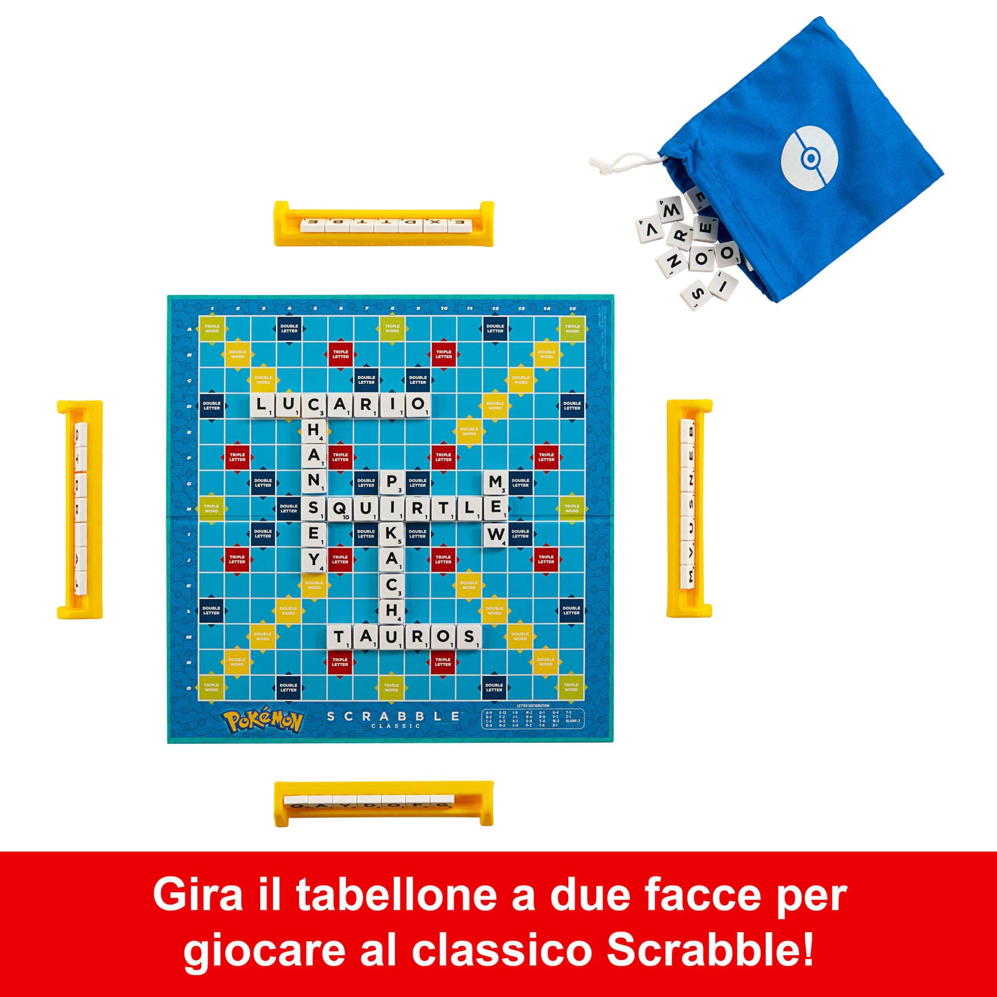 Mattel Games - Scrabble Pokémon, il gioco da tavolo delle parole crociate con 50 sfide dei personaggi Pokémon, tabellone a due facce con due modalità di gioco, versione italiana, 8+ anni, HXT30