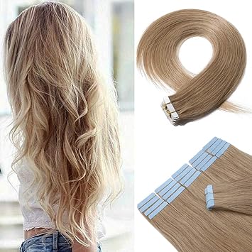 Blonde Remy Human Hair Tape in Hair Extensions 24 Inch 50g Long Straight Hair Seamless Skin Weft Invisible Double Sided Tape 20pcs/pack #27 Dark Blonde +10 Free Tape Bonds